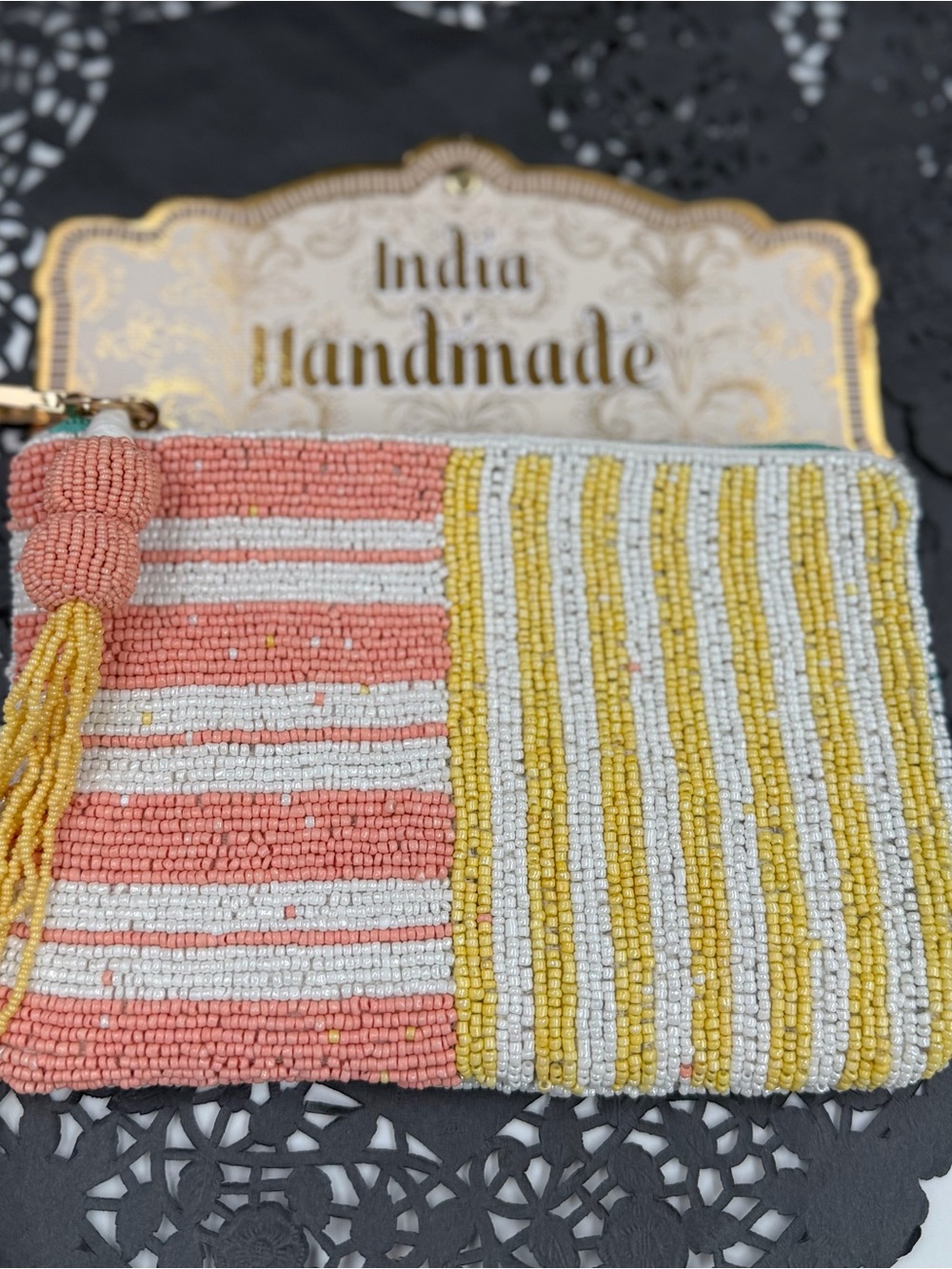 Handmade India beaded striped coin pouch tassel keychain